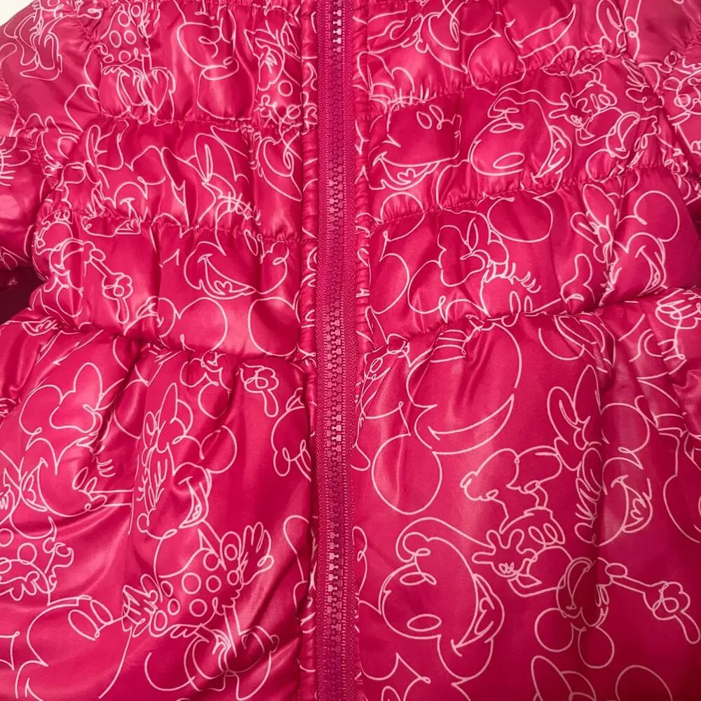 Disney Minnie Mouse Pink Puffer Jacket Toddler Girl Hooded Fleece Lined Coat 2T
